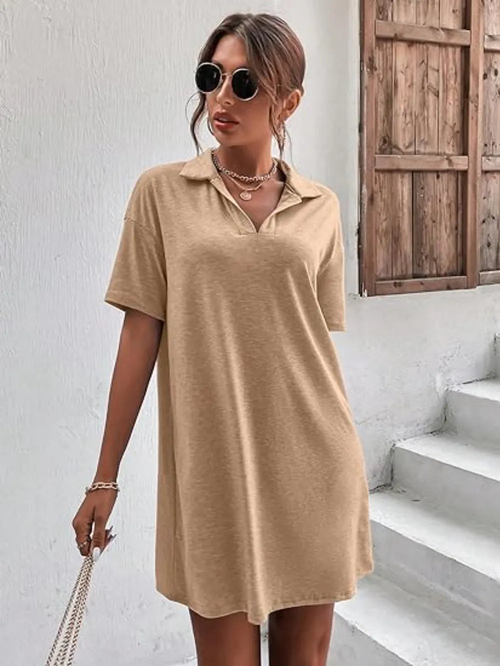 Johnny-Collar Short-Sleeve Polo Dress - product view 10