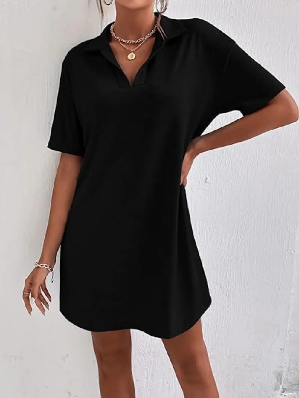 Johnny-Collar Short-Sleeve Polo Dress - product view 17
