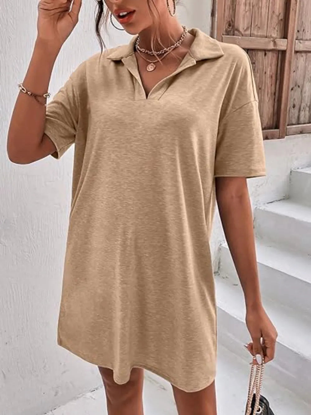 Johnny-Collar Short-Sleeve Polo Dress - product view 12