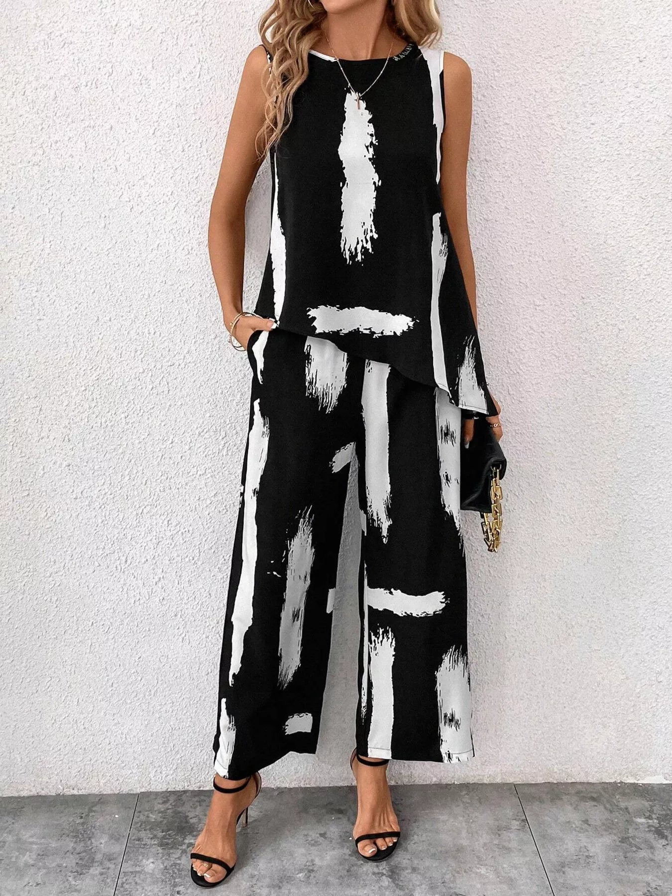Abstract Print Sleeveless Top & Wide Leg Pants Set