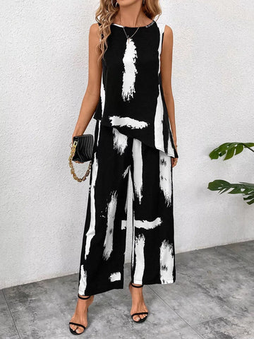 Abstract Print Sleeveless Top & Wide Leg Pants Set Black / S