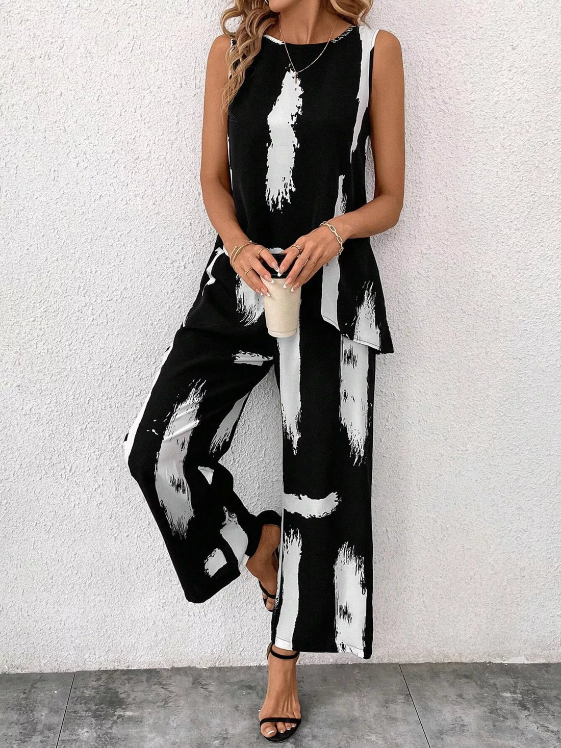Abstract Print Sleeveless Top & Wide Leg Pants Set Black / S