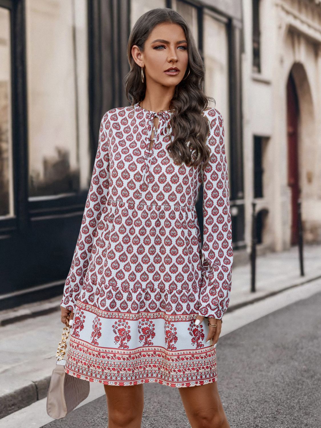Printed Tie-Neck Long-Sleeve Dress