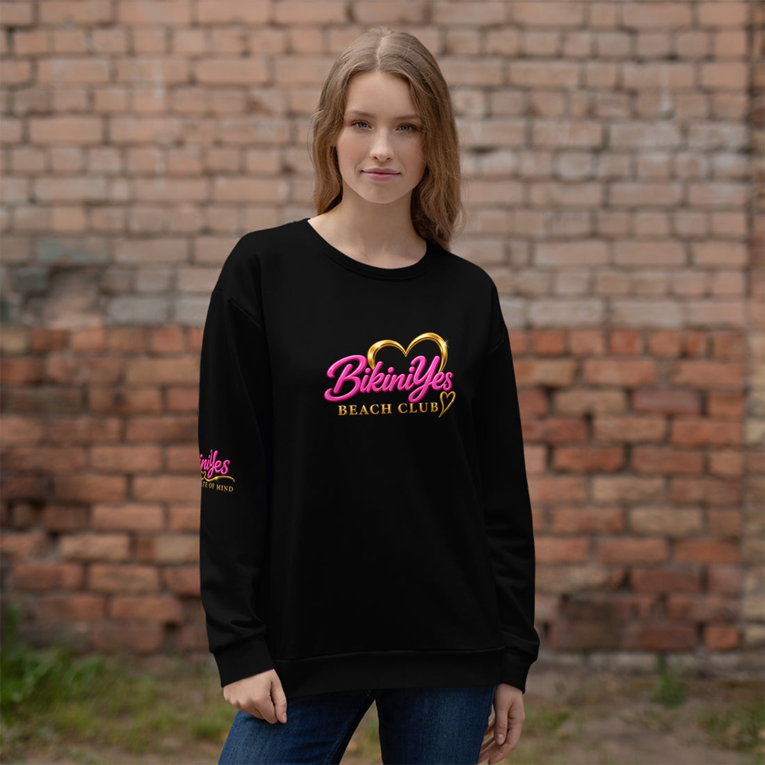 BY Off-Duty women’s black Beach Club sweatshirt with pink BikiniYes lettering and gold-tone heart print