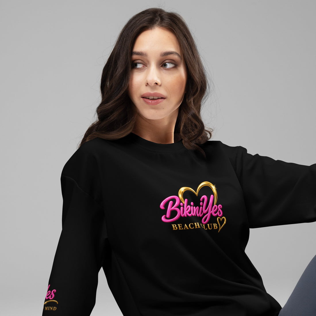 BY Off-Duty women’s black Beach Club sweatshirt with pink BikiniYes lettering and gold-tone heart print