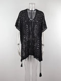 Angel Wings Cutout V-Neck Cover-Up with Tassel Black / One Size