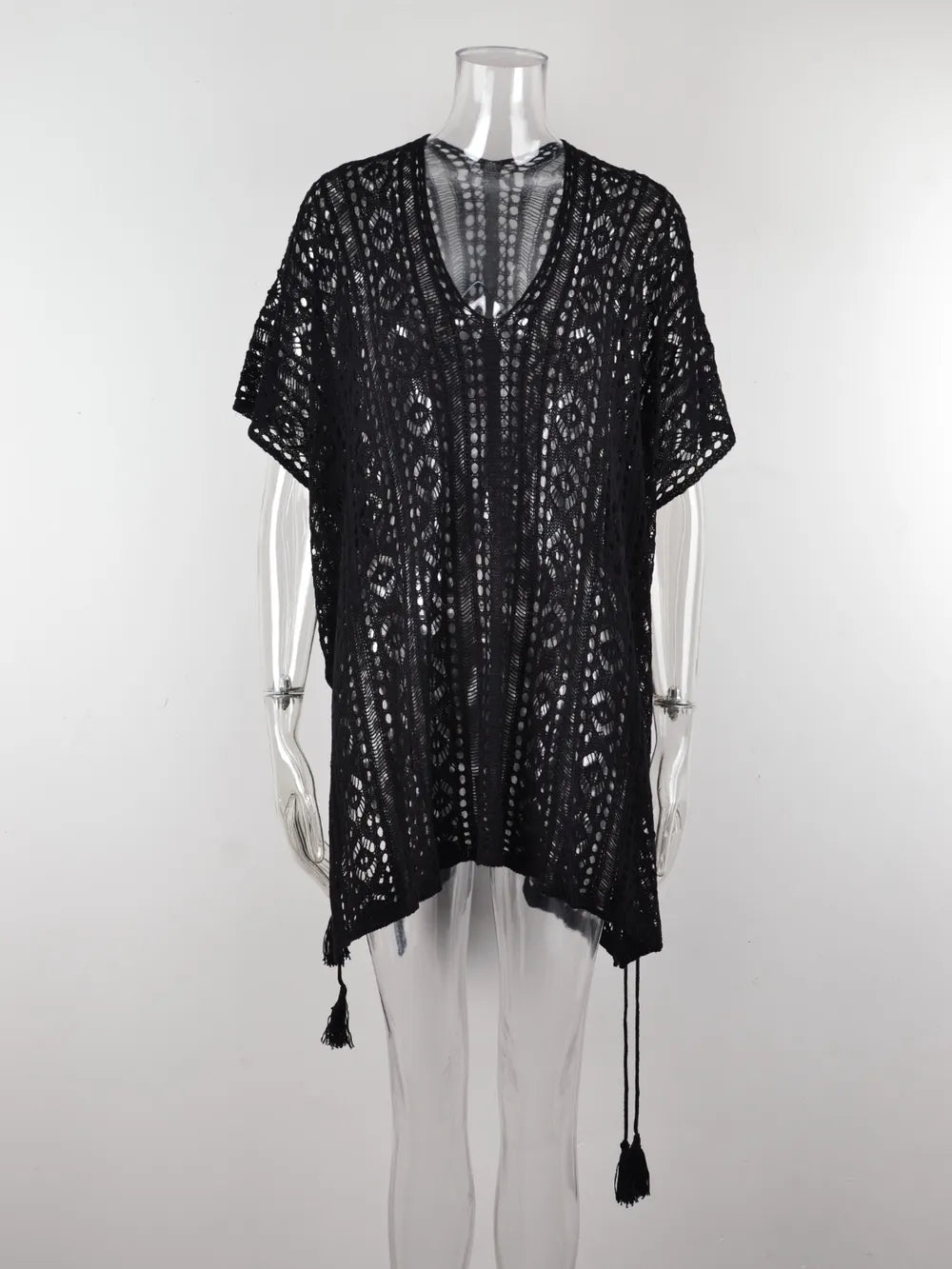 Angel Wings Cutout V-Neck Cover-Up with Tassel Black / One Size