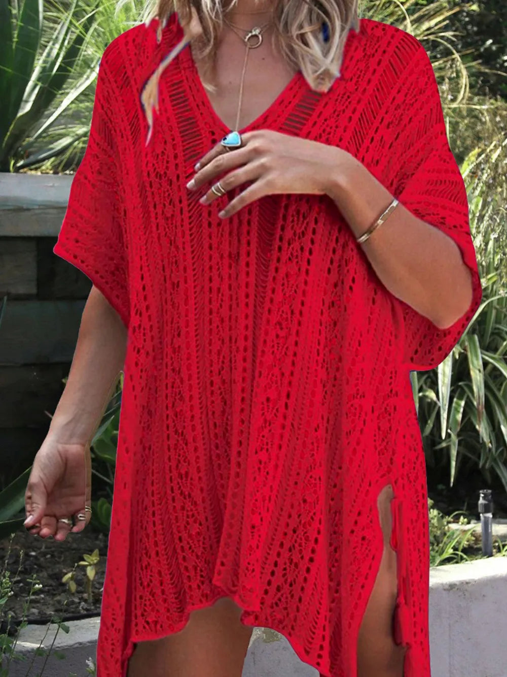 Angel Wings Cutout V-Neck Cover-Up with Tassel Red / One Size