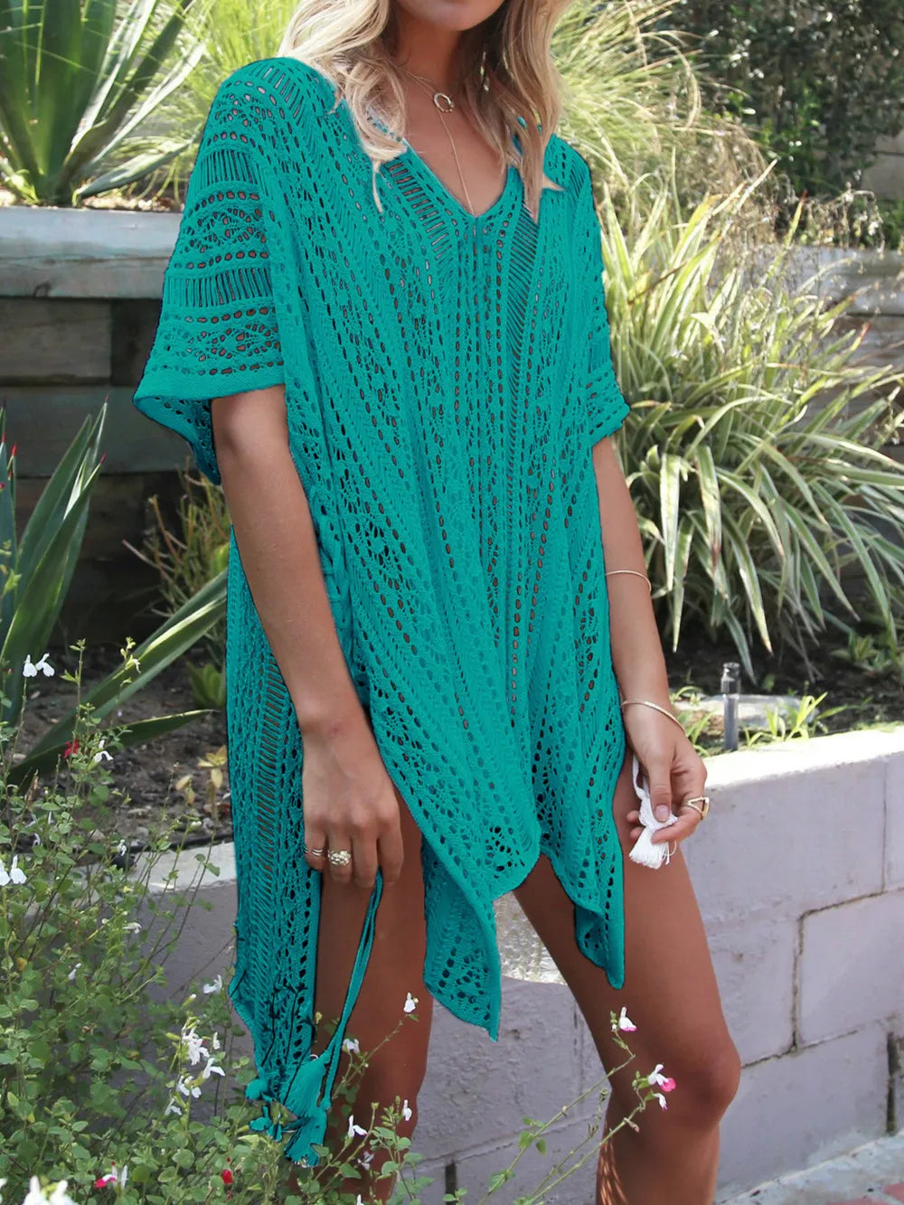 Angel Wings Cutout V-Neck Cover-Up with Tassel Teal / One Size
