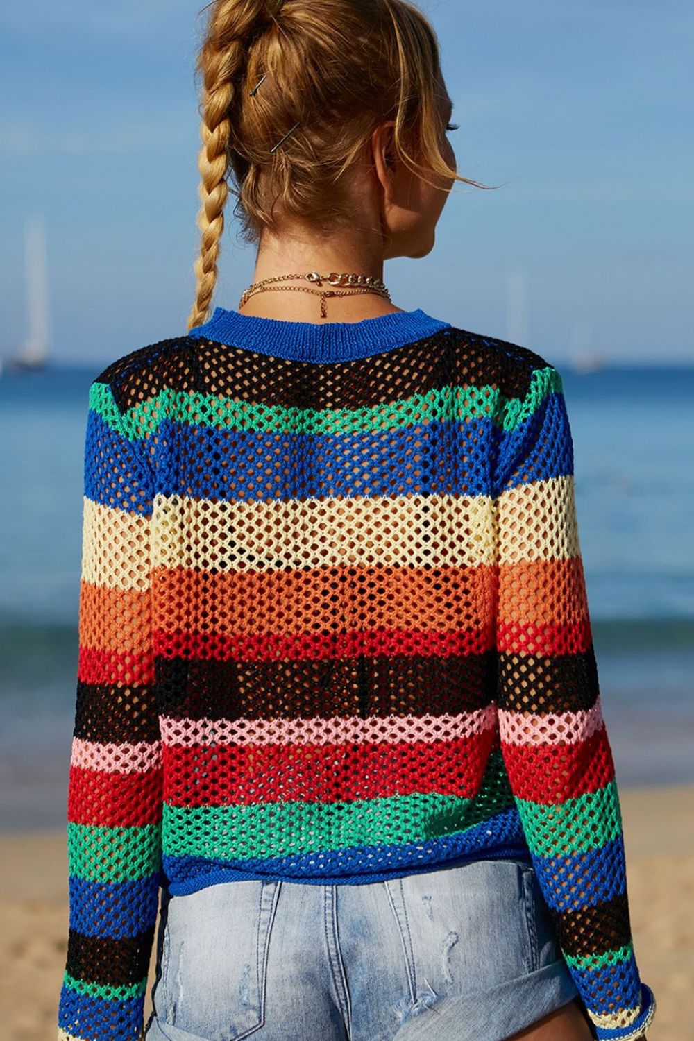 Angel Wings Rainbow Stripe Openwork Long Sleeve Cover-Up Roral Blue / S