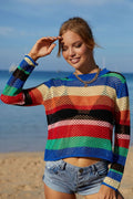 Angel Wings Rainbow Stripe Openwork Long Sleeve Cover-Up