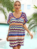 Angel Wings Rainbow Stripe Scalloped V-Neck Cover-Up Dress Dark Blue / S