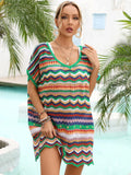 Angel Wings Rainbow Stripe Scalloped V-Neck Cover-Up Dress Multicolor / S