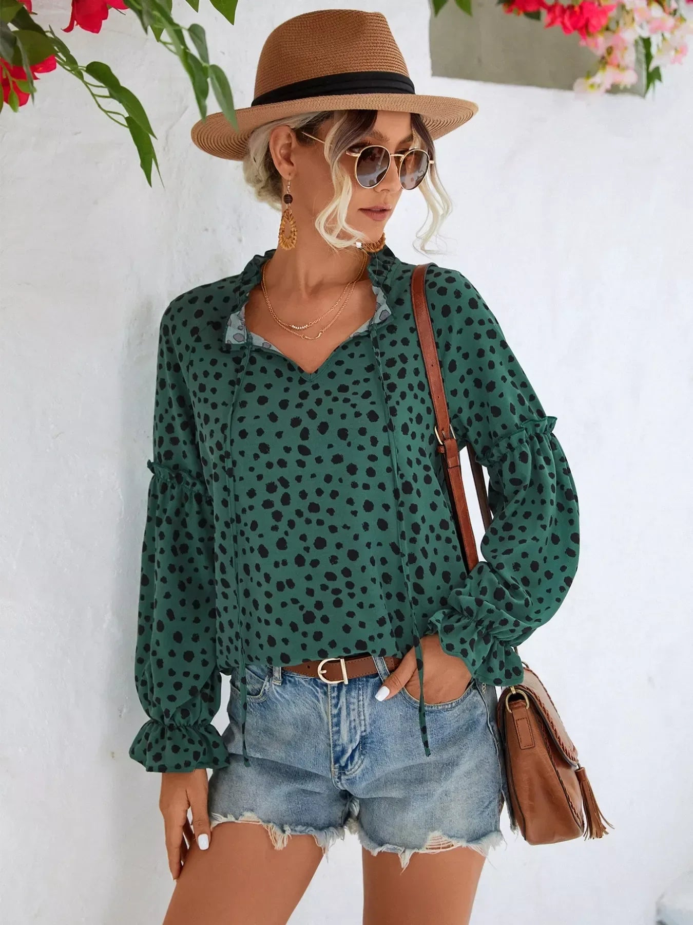 Animal Print Tie Neck Blouse