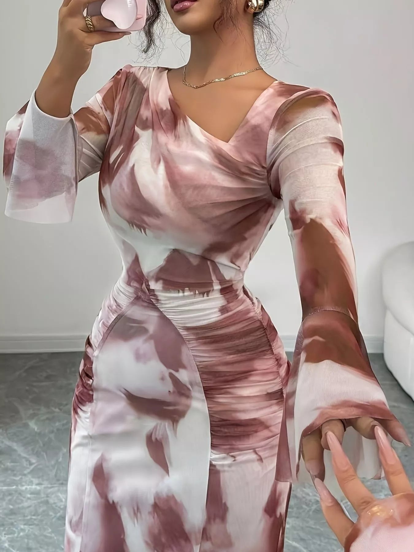 Asymmetrical Neck Long Sleeve Maxi Dress