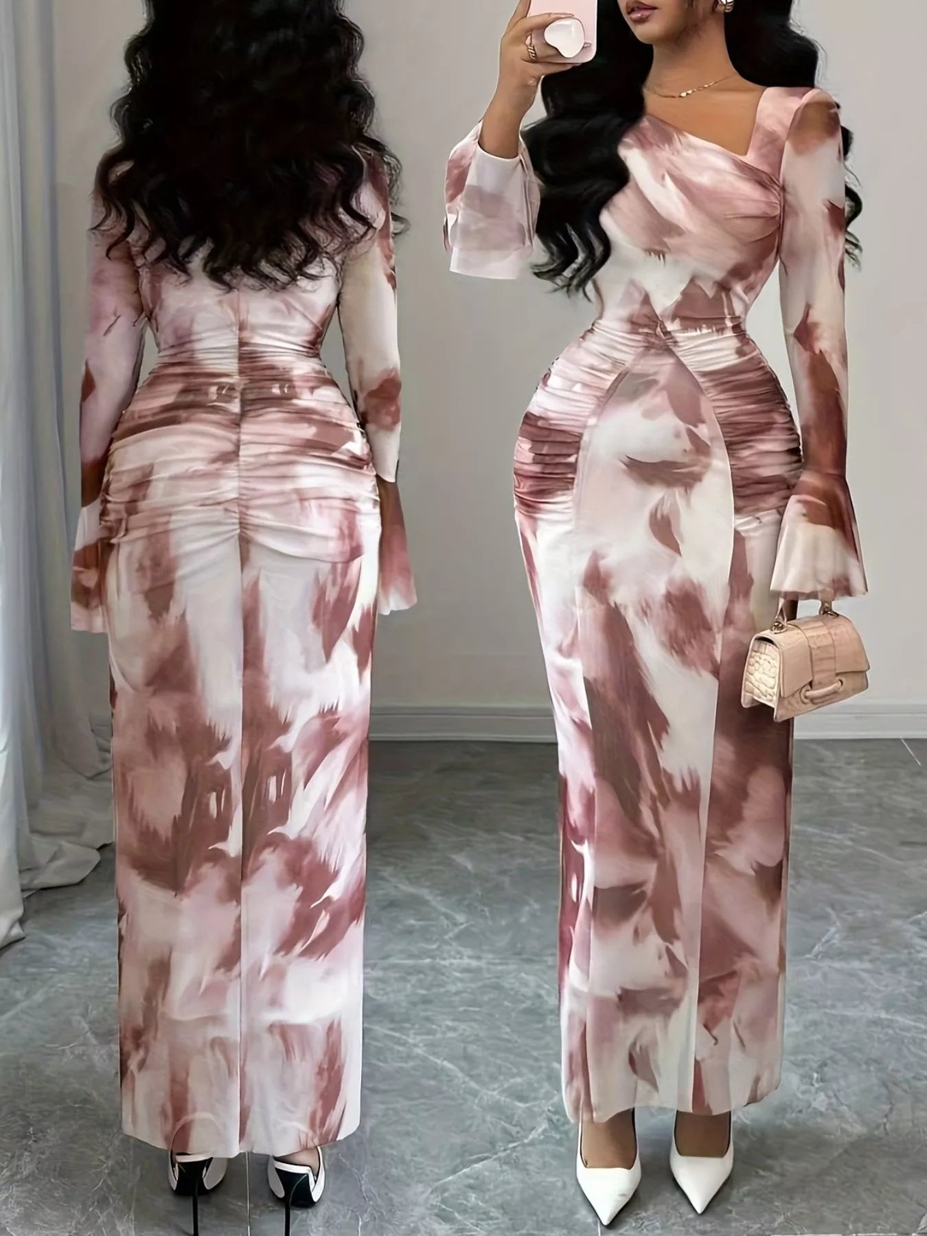 Asymmetrical Neck Long Sleeve Maxi Dress