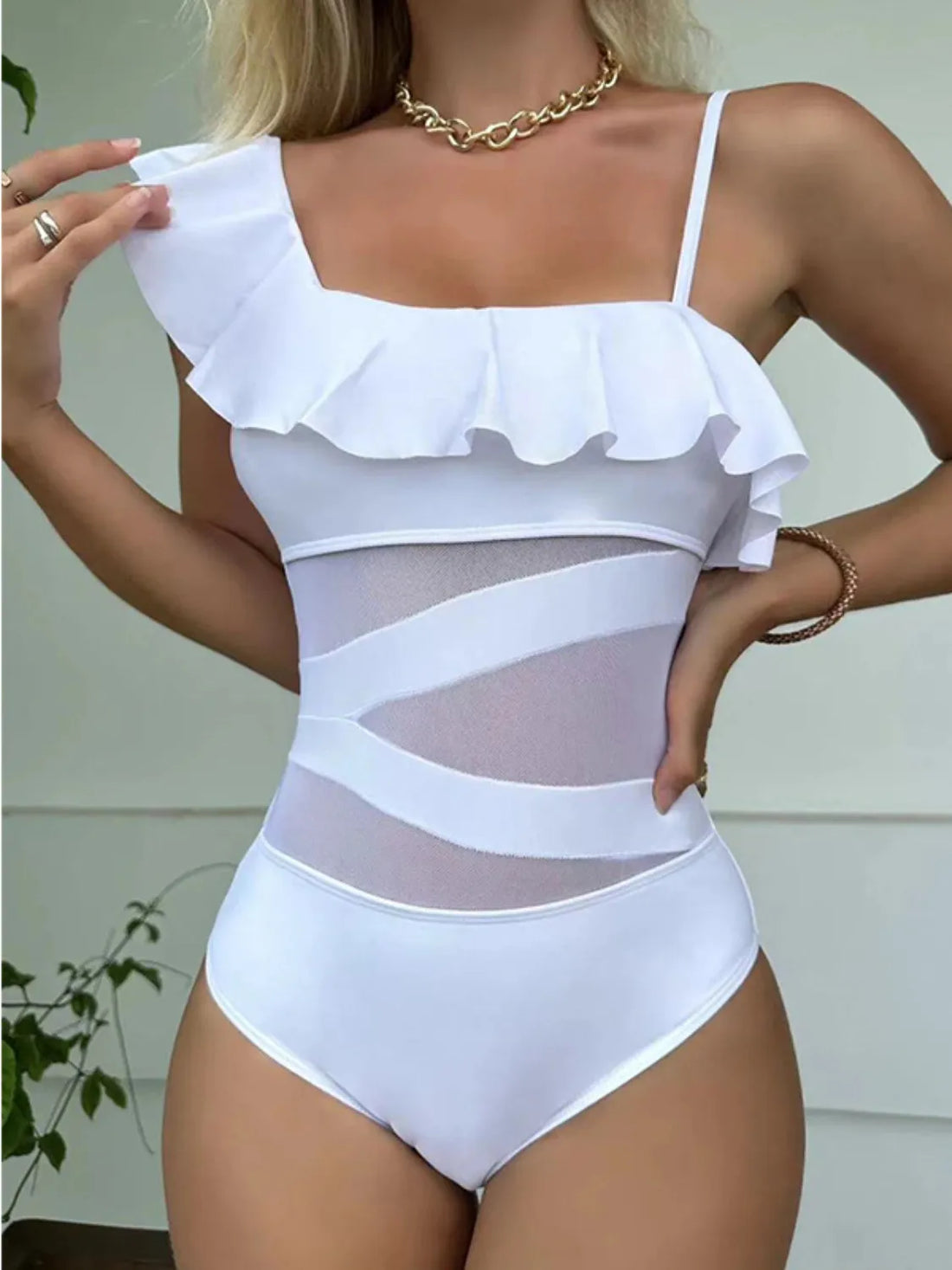 Asymmetrical Ruffled One-Piece Swimwear White / S
