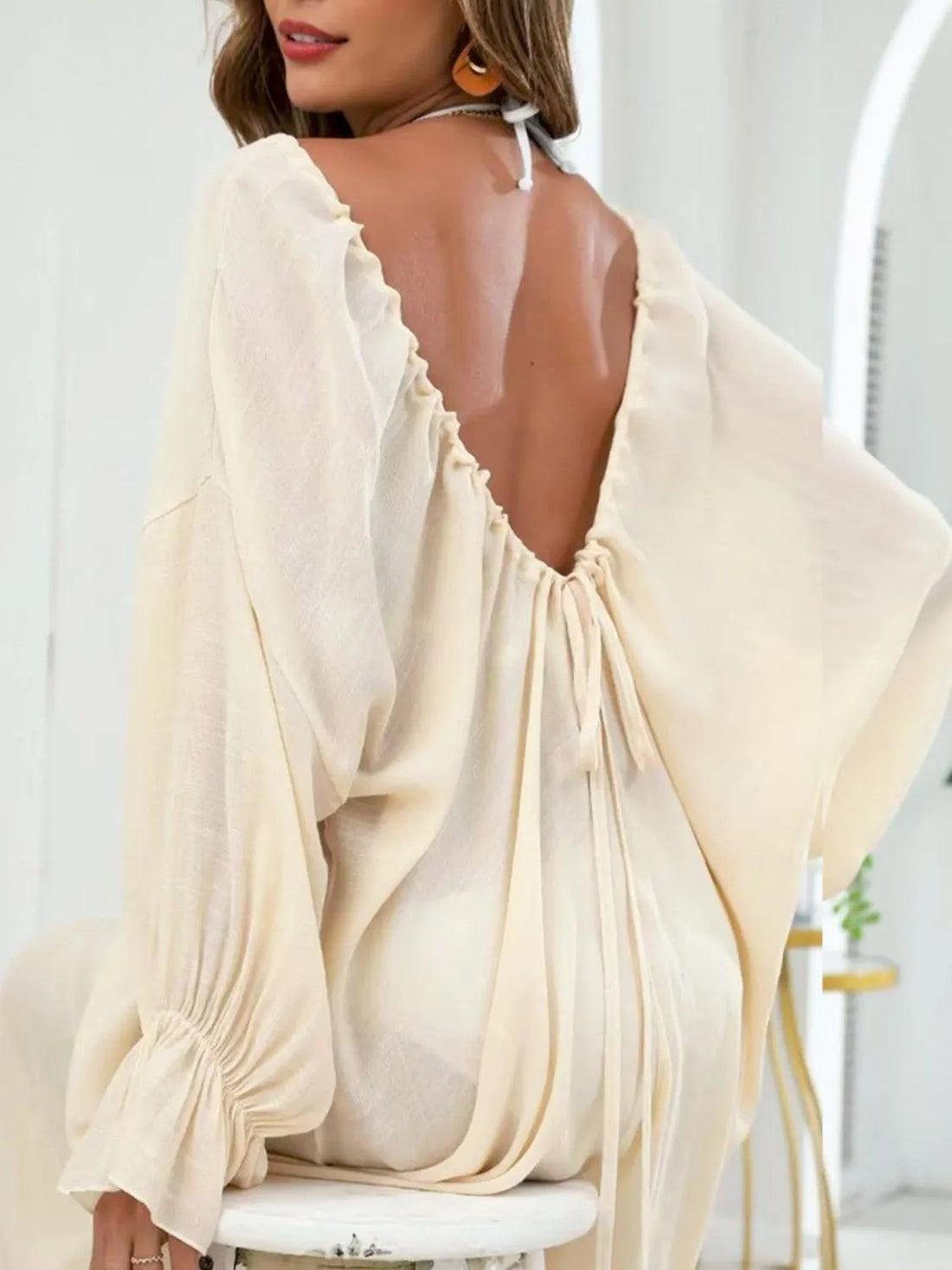 Backless Drawstring Back Flounce Sleeve Cover-Up Pastel Yellow / One Size