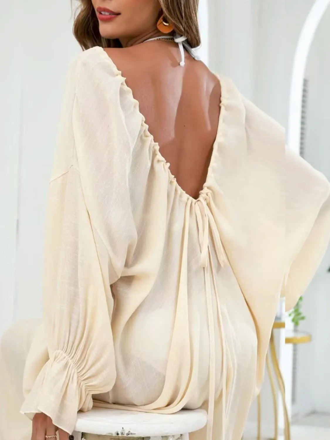 Backless Drawstring Back Flounce Sleeve Cover-Up Pastel Yellow / One Size