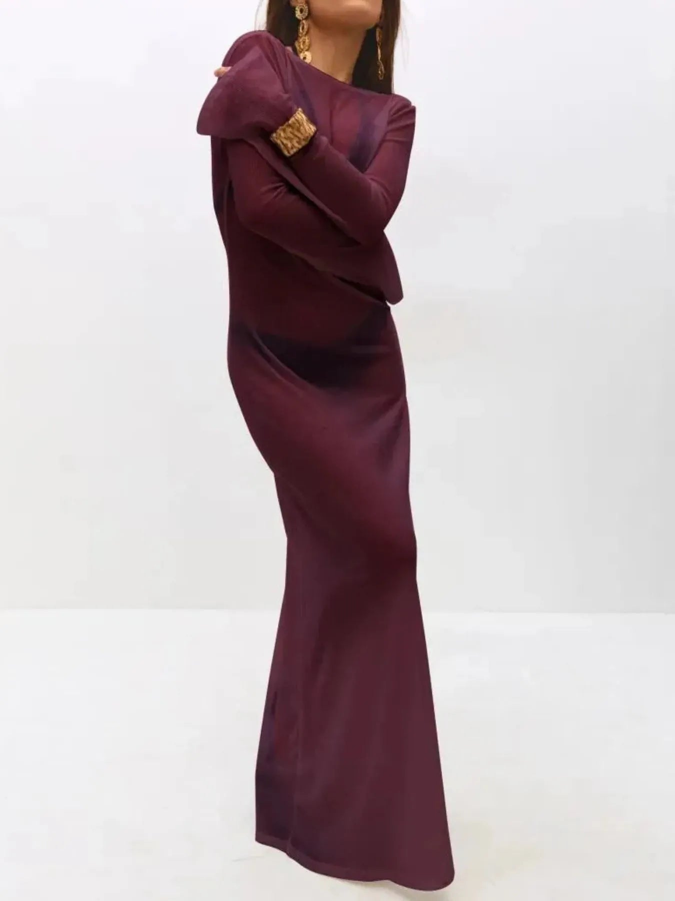 Backless Long Sleeve Maxi Cover-Up Burgundy / S