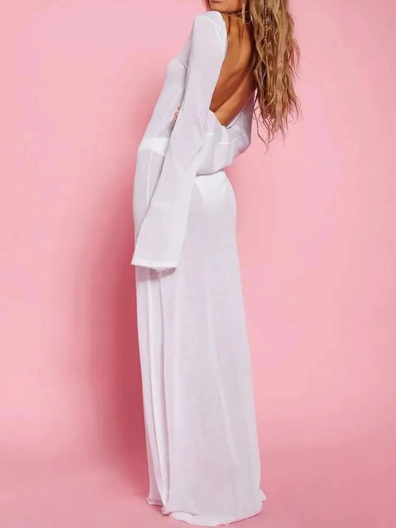 Backless Long Sleeve Maxi Cover-Up White / S