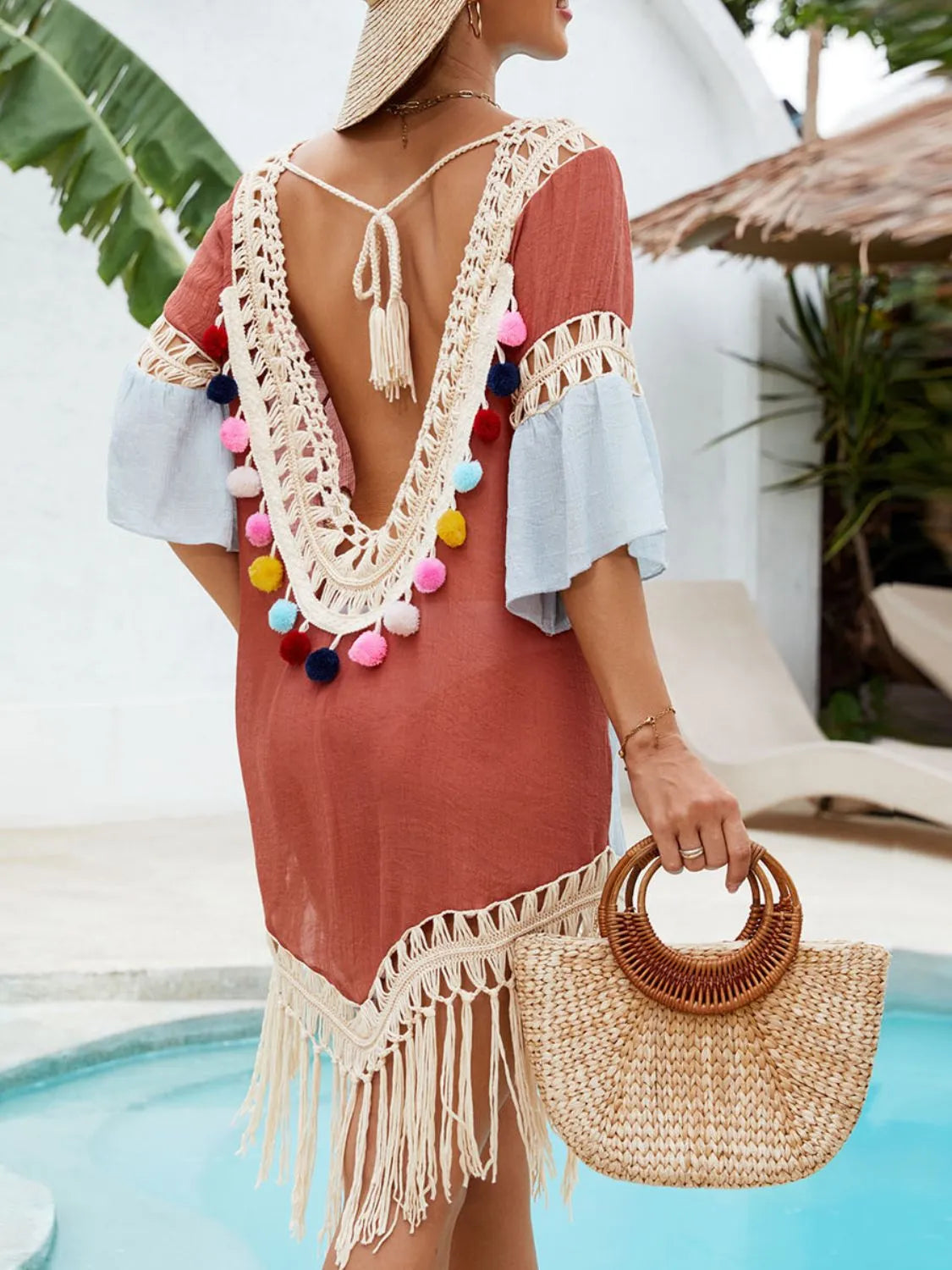 Backless Tassel Hem V-Neck Cover-Up Terracotta / One Size