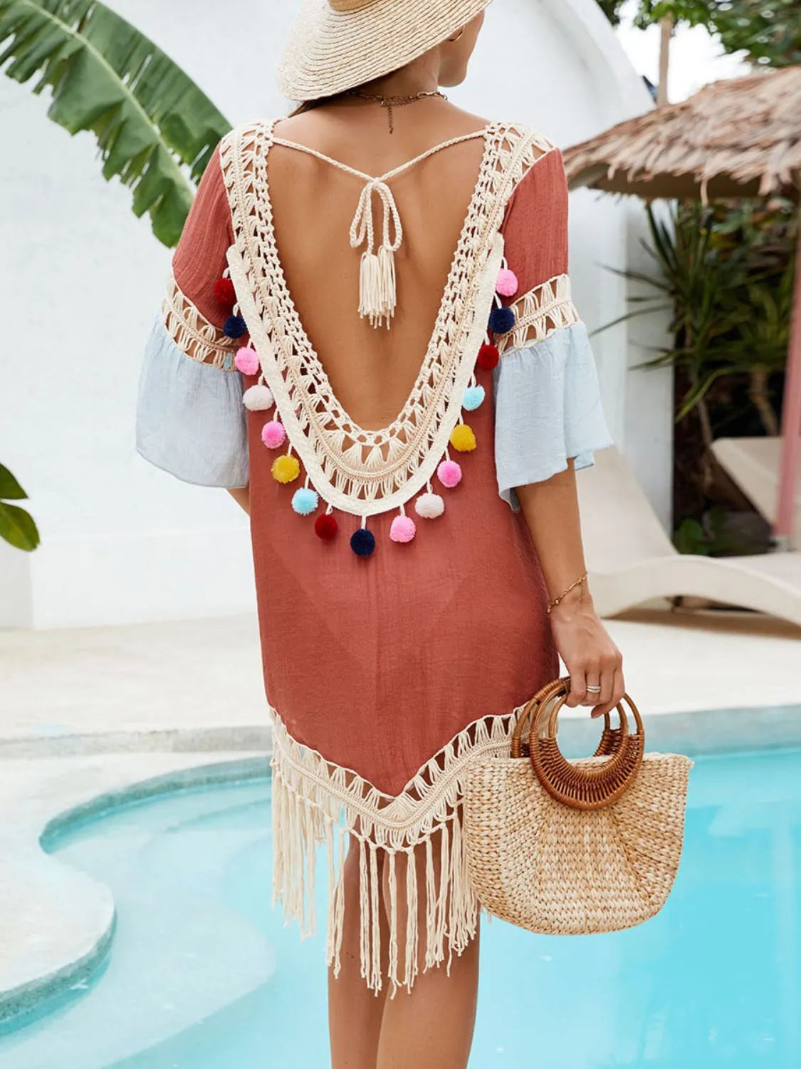 Backless Tassel Hem V-Neck Cover-Up Terracotta / One Size