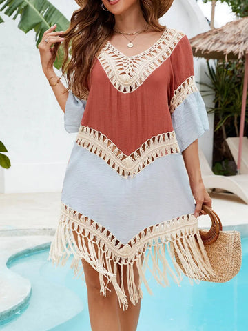 Backless Tassel Hem V-Neck Cover-Up Terracotta / One Size