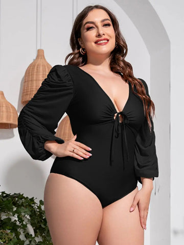 Balloon Sleeve One Piece Swimsuit Black / 2XL