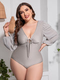 Plus Size Tied Deep V Balloon Sleeve One-Piece Swimsuit Light Gray / 2XL