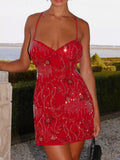 Beaded Floral Mini Dress Deep Red / S