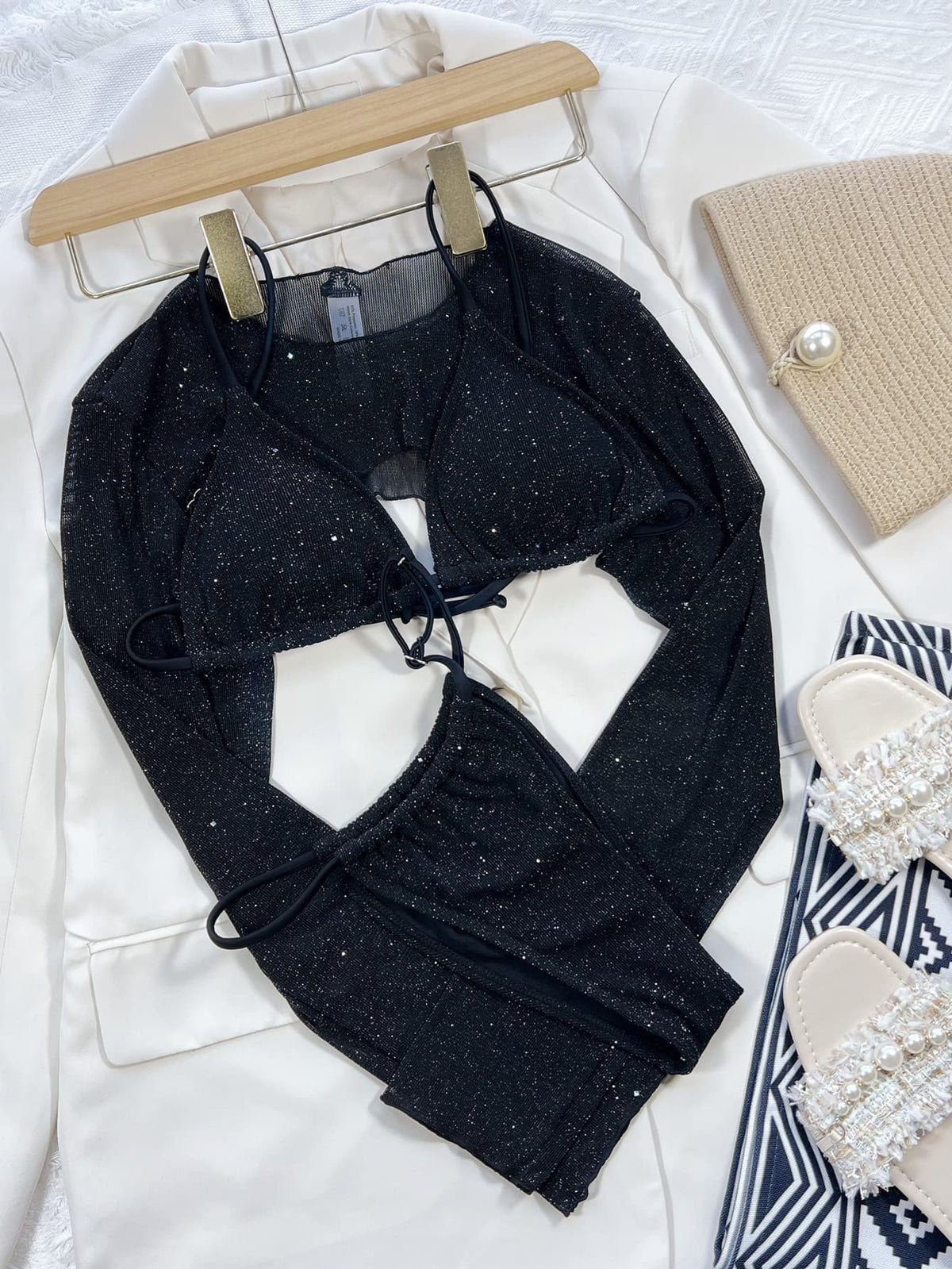 Black Glitter Three Piece Bikini Set