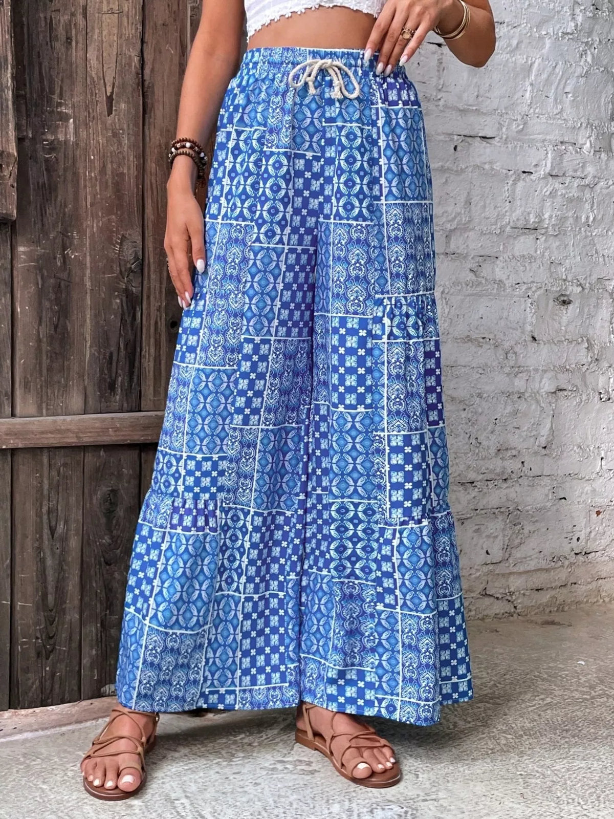 Printed High-Waist Drawstring Palazzo Pants