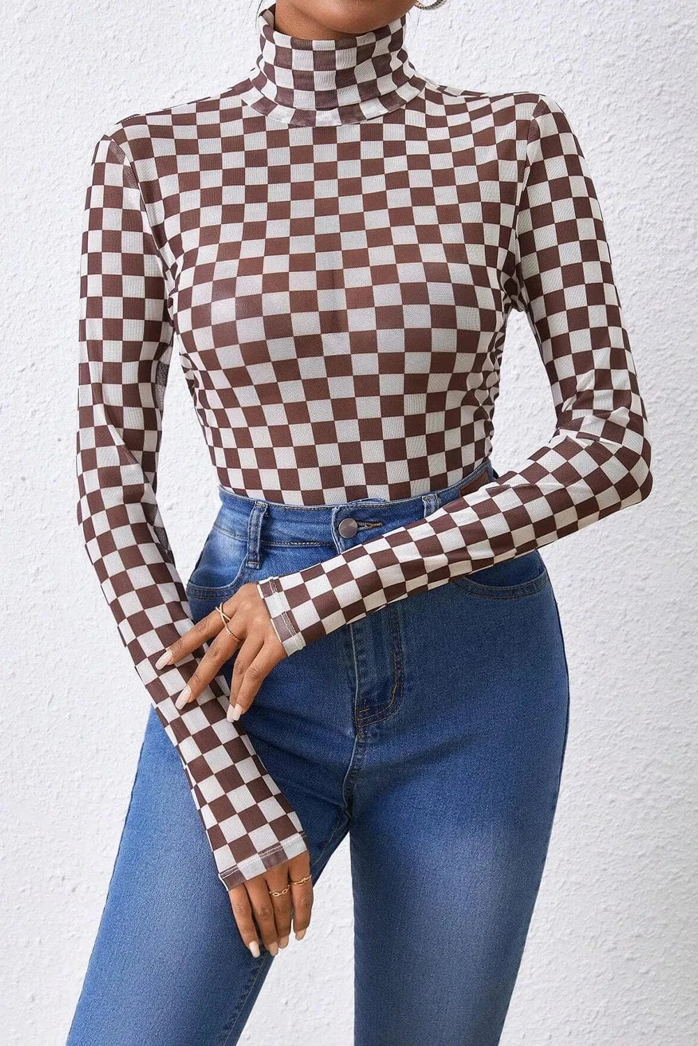 Dark Brown Checkered Turtleneck Long Sleeve Bodysuit Body suits