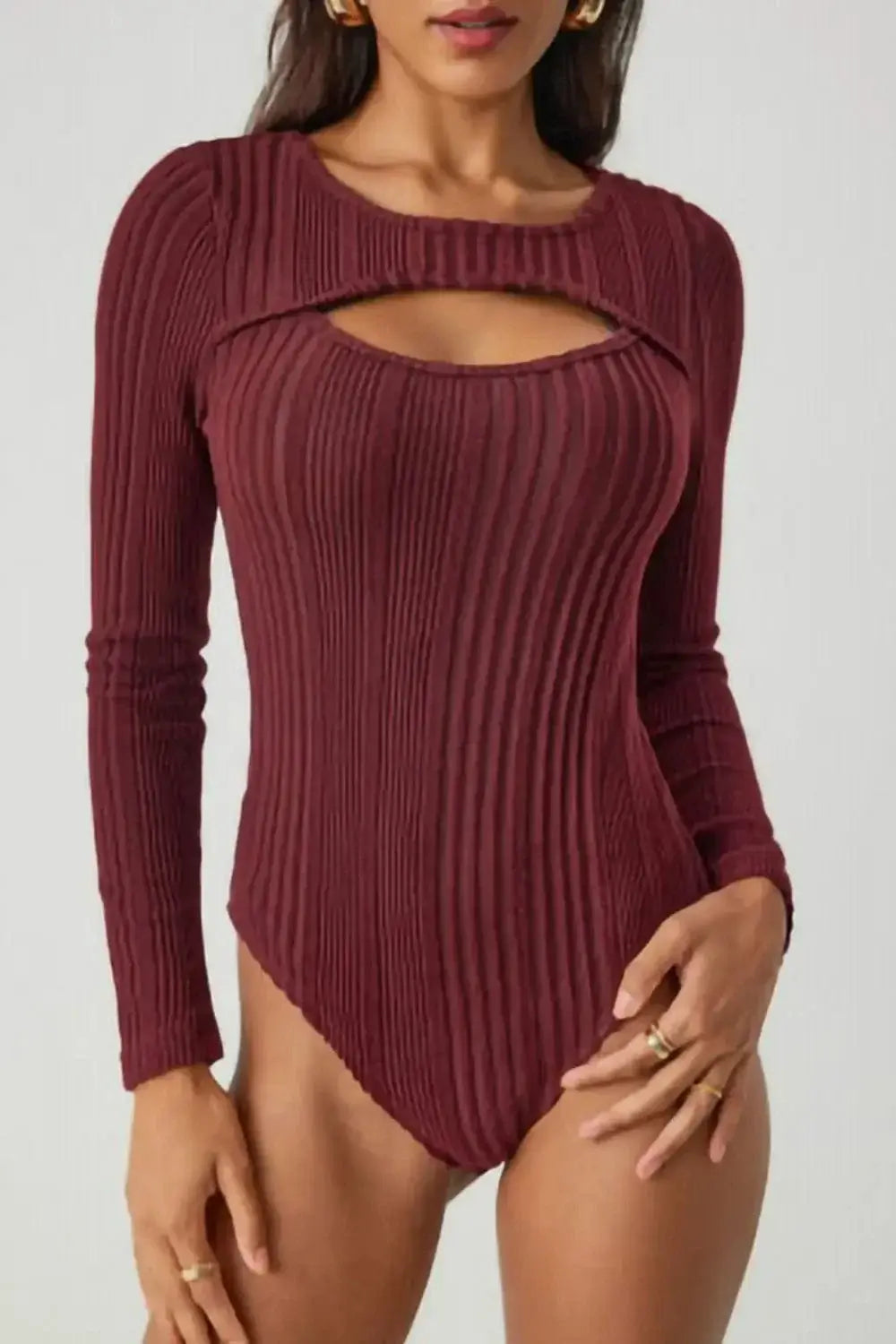 Bodysuits Deep Red / S Ribbed Cutout Round Neck Bodysuit Ribbed Cutout Round Neck Bodysuit