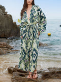 Boho Print Long Sleeve Beach Cover-Up Green / One Size