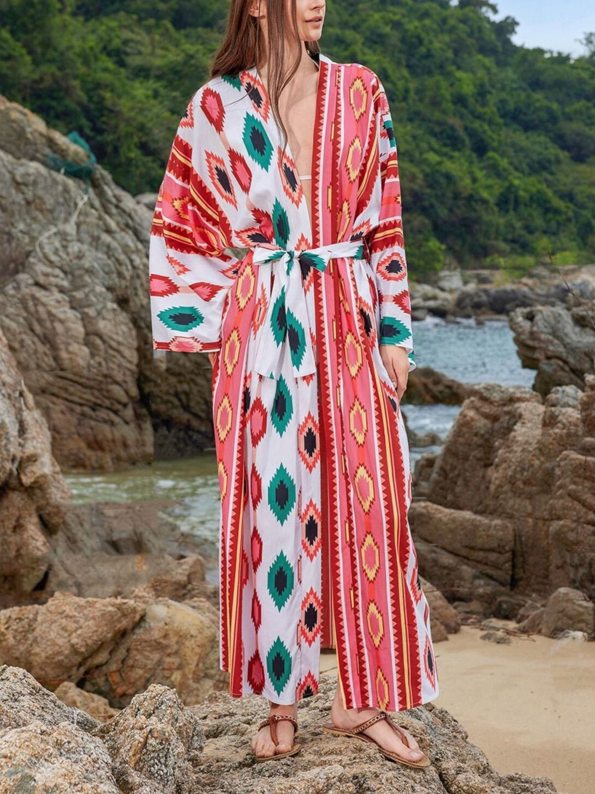 Boho Print Long Sleeve Beach Cover Up Dress