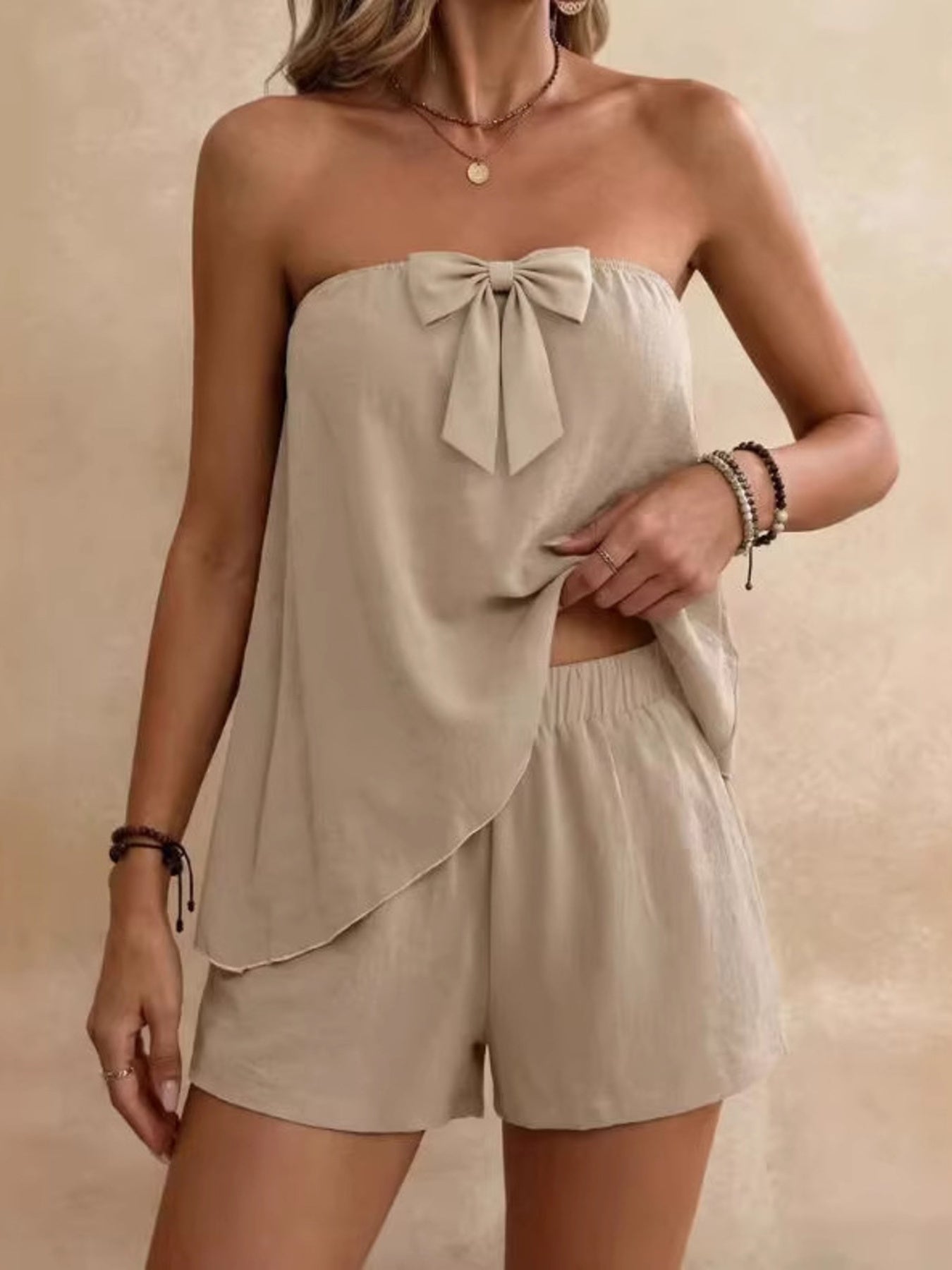 Bowknot Tube Top & Shorts Set Khaki / S