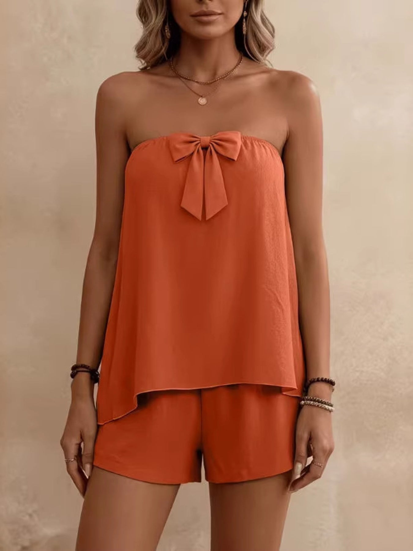 Bowknot Tube Top & Shorts Set Orange / S