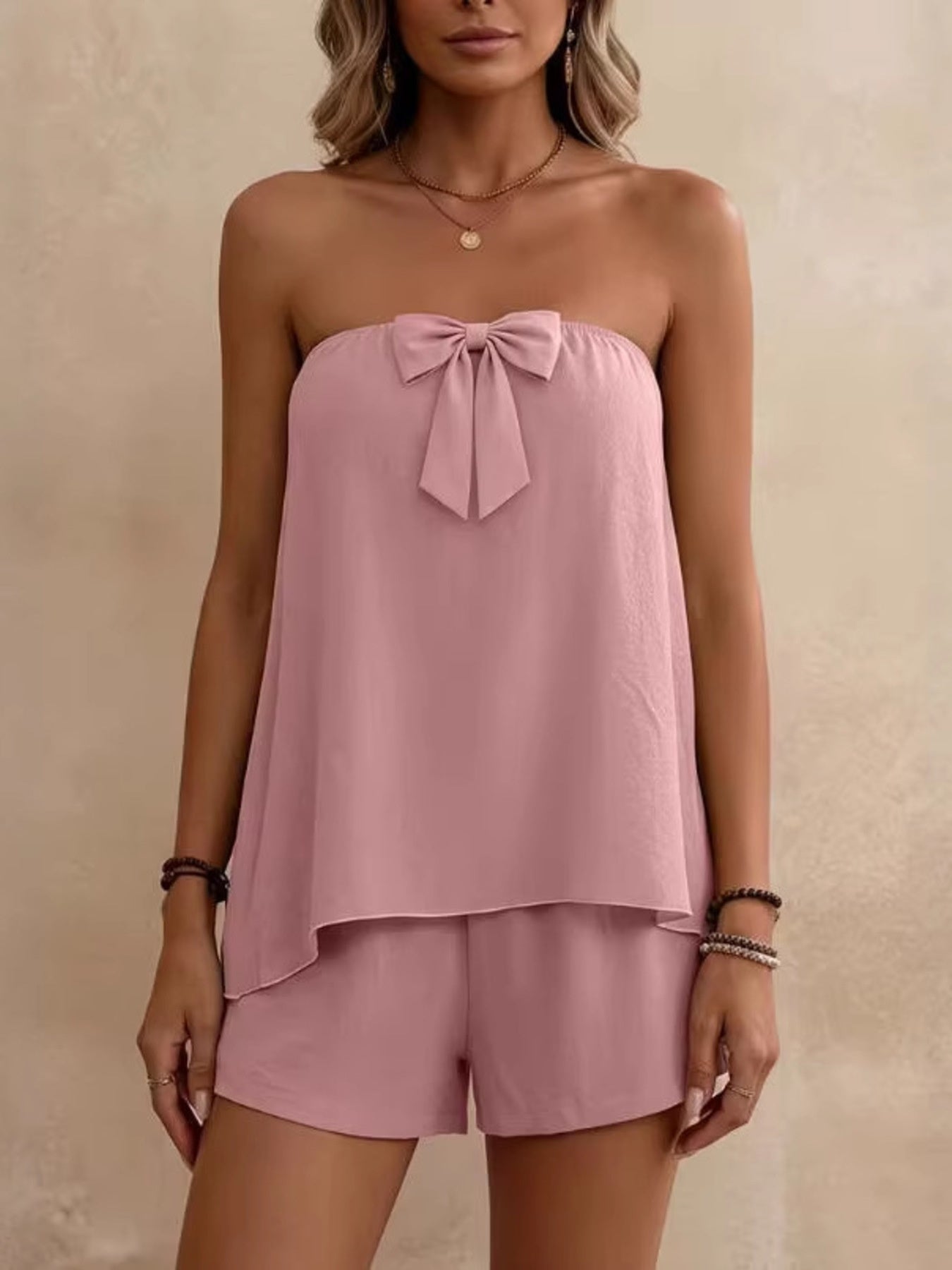 Bowknot Tube Top & Shorts Set Pink / S