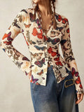 Butterfly Print V-Neck Button-Down Long Sleeve Shirt