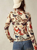 Butterfly Print V-Neck Button-Down Long Sleeve Shirt