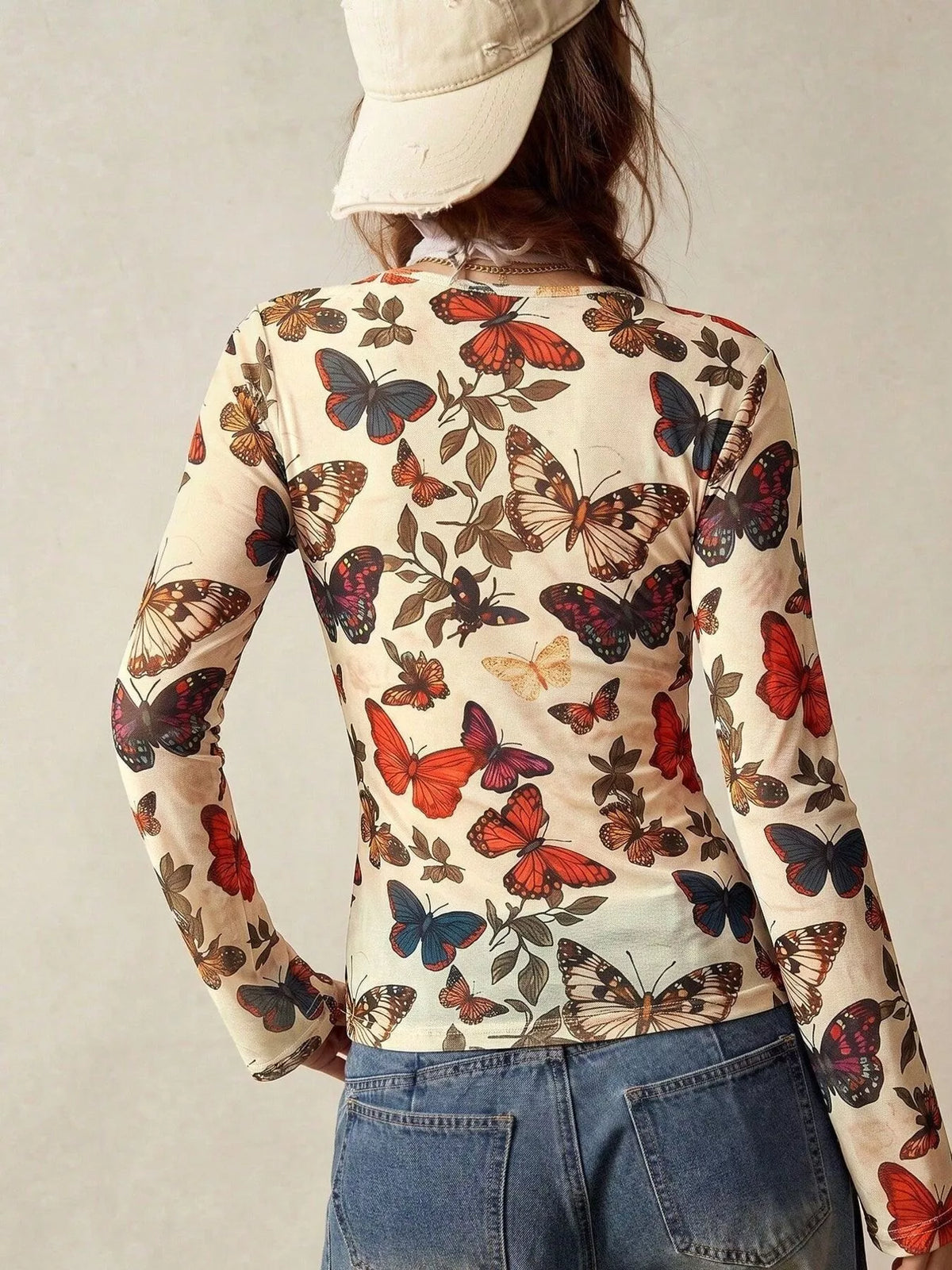 Butterfly Print V-Neck Button-Down Long Sleeve Shirt