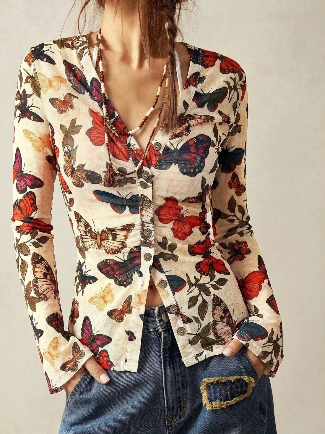 Butterfly Print V-Neck Button-Down Long Sleeve Shirt Pastel Yellow / S