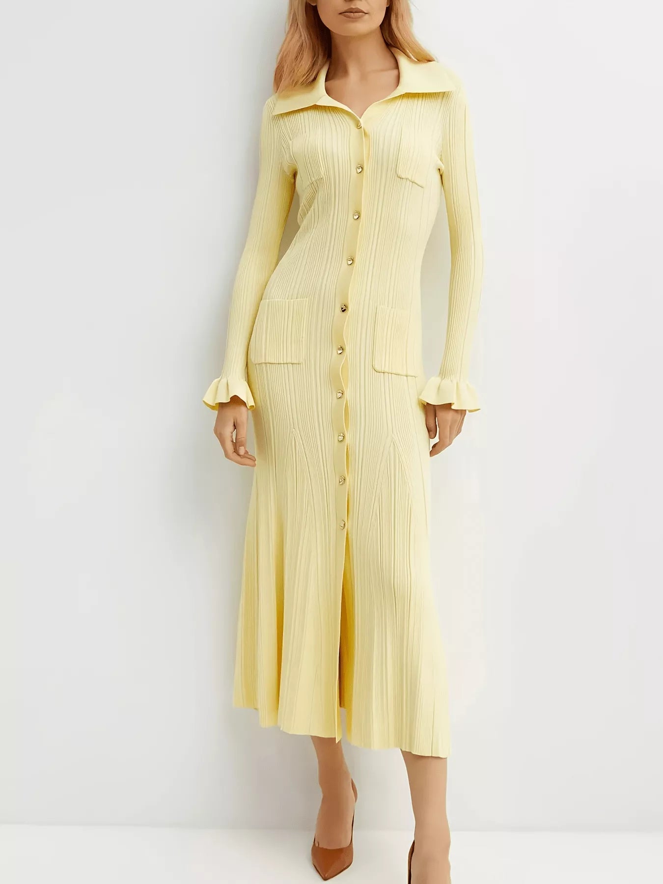 Button-Down Flounce Sleeve Sweater Dress