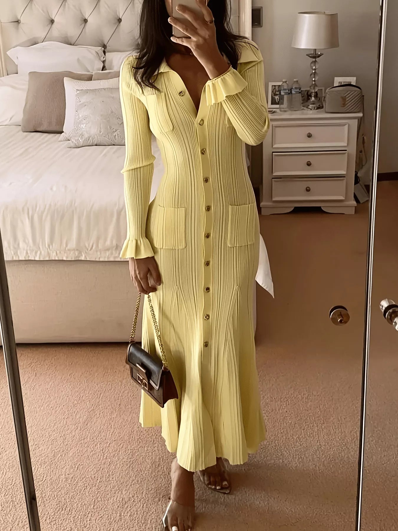 Button-Down Flounce Sleeve Sweater Dress