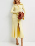 Button-Down Flounce Sleeve Sweater Dress Pastel Yellow / XS