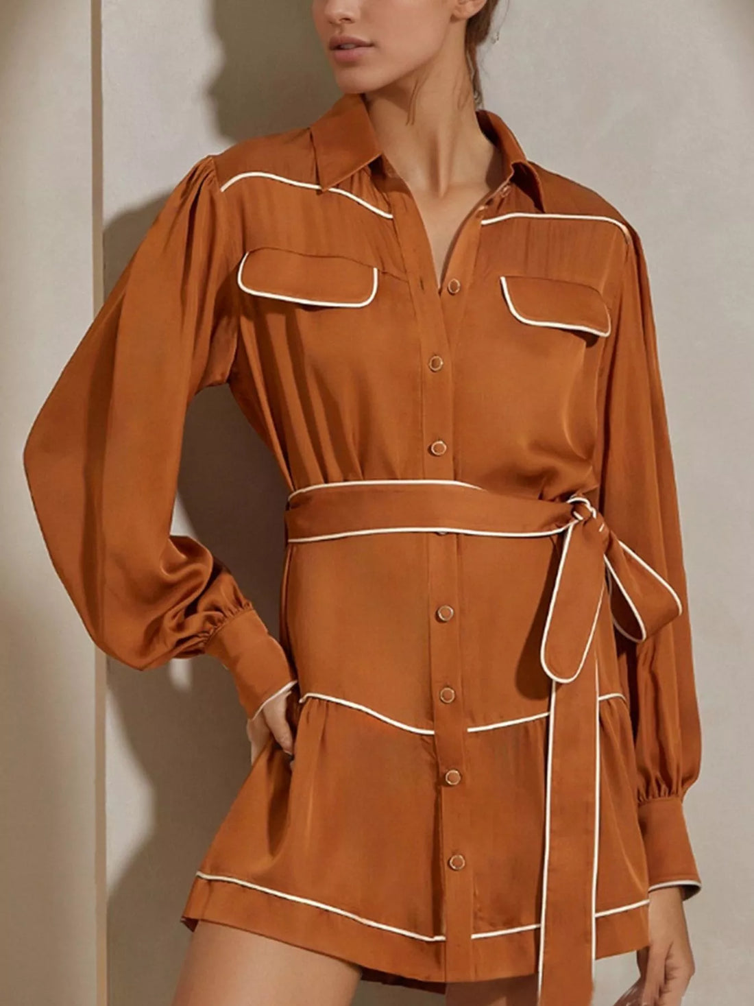 Button Front Long Sleeve Shirt Dress Orange / S