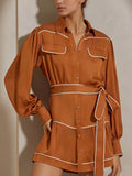 Button Front Long Sleeve Shirt Dress Orange / S