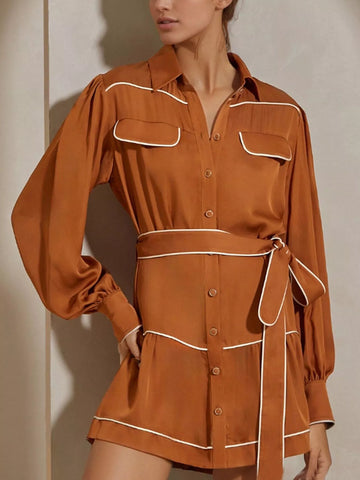 Button Front Long Sleeve Shirt Dress Orange / S